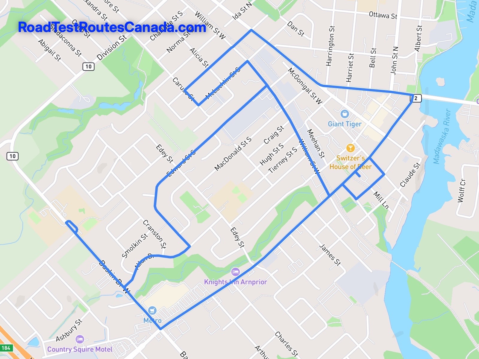 Arnprior Sample Drive Test Route Map