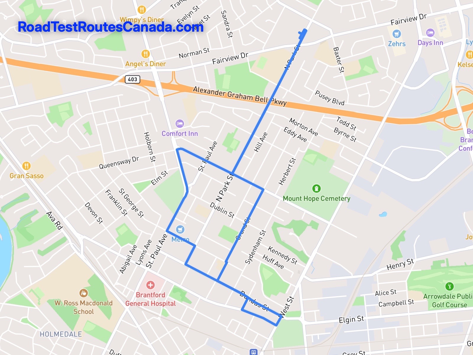 Brantford Sample Drive Test Route Map