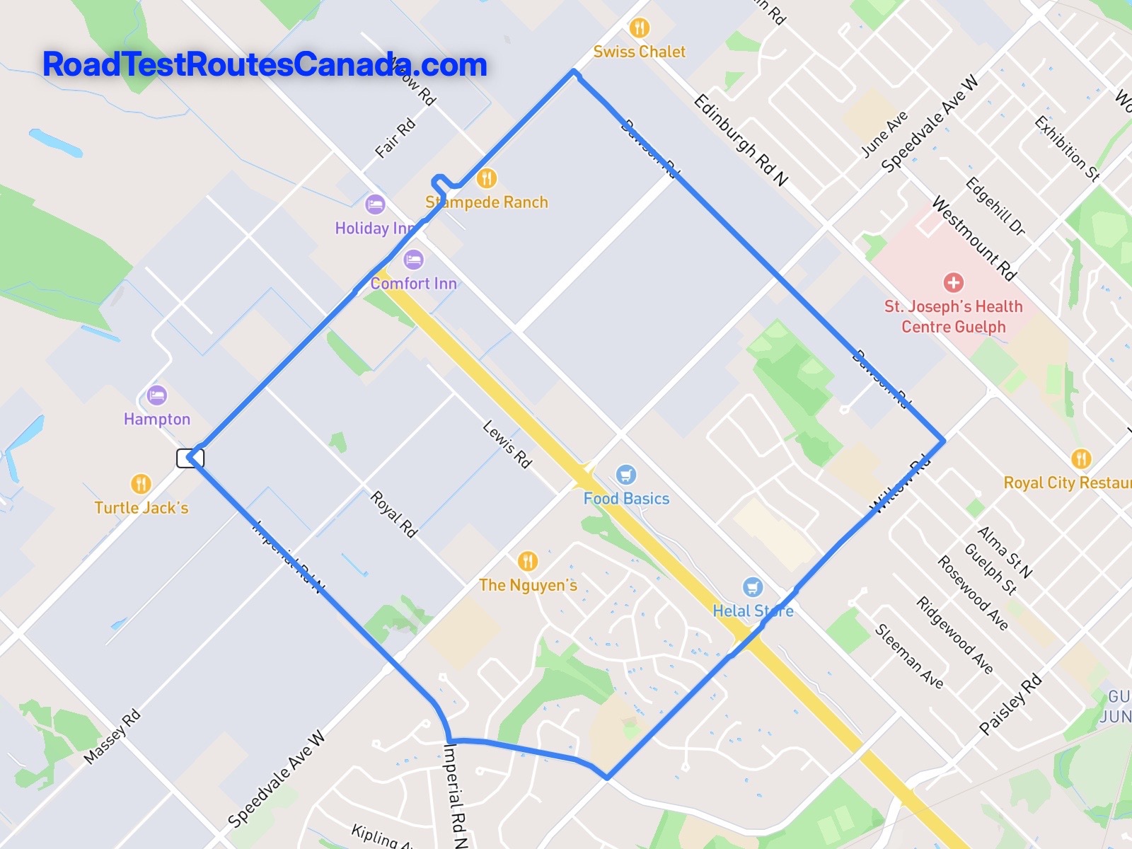 Guelph Sample Drive Test Route Map