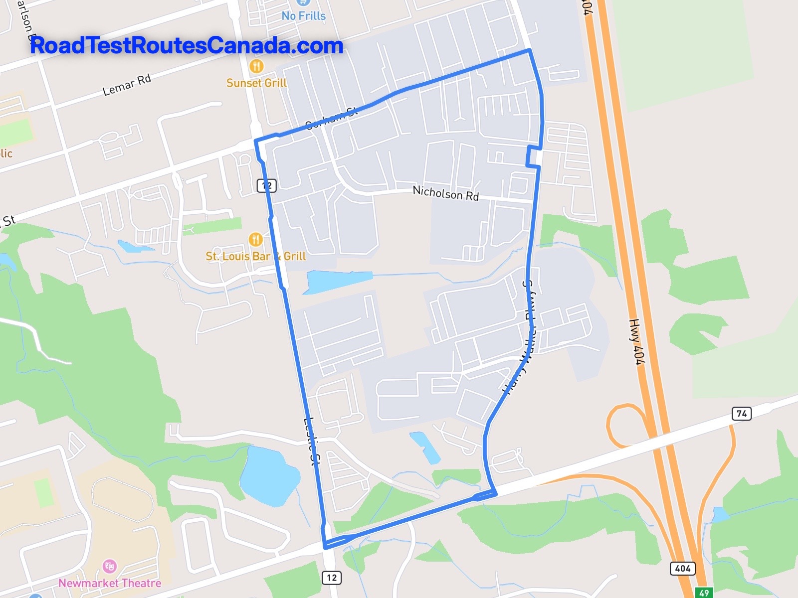 Newmarket Sample Drive Test Route Map