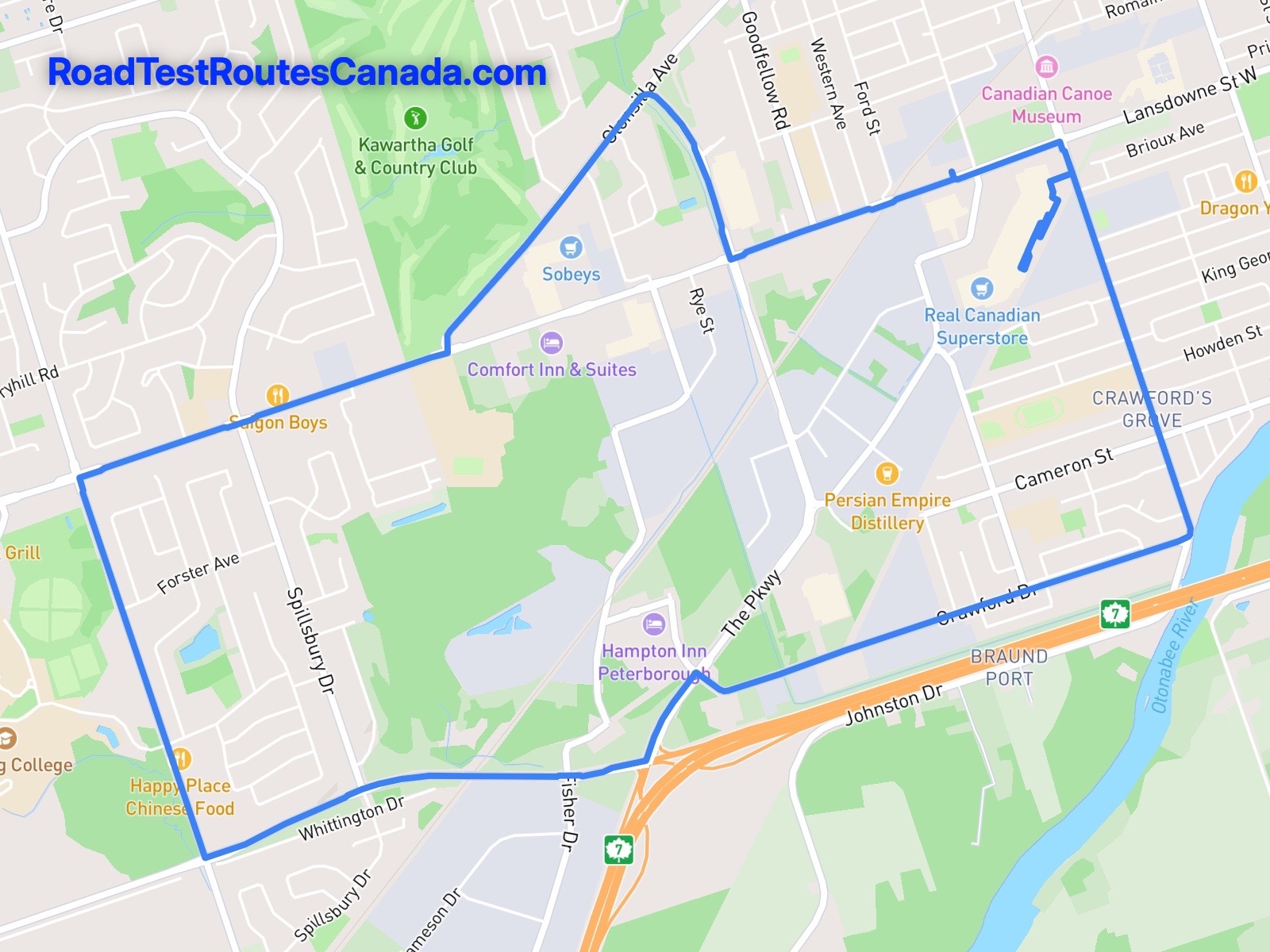 Peterborough Sample Drive Test Route Map