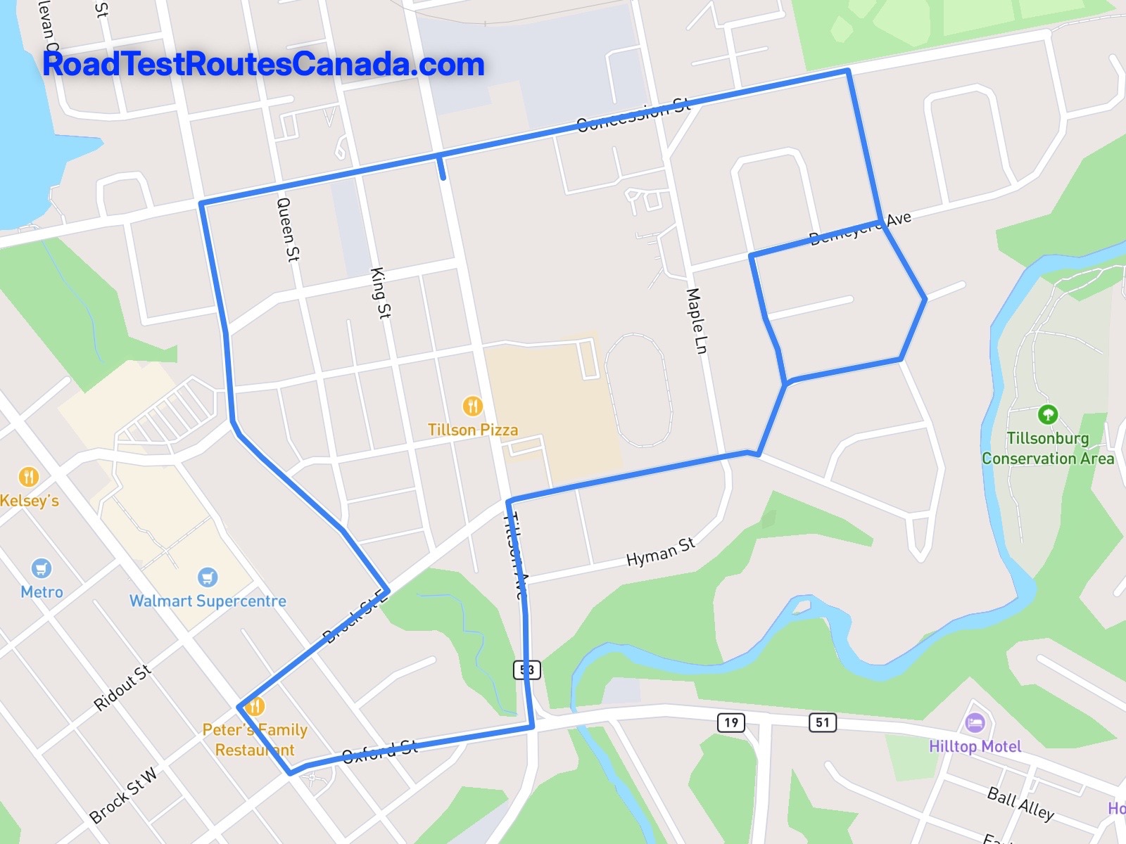Tillsonburg Sample Drive Test Route Map